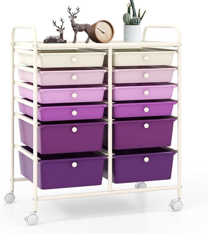 12 Drawer Rolling Storage Cart, Art Cart Organizer on Wheels, Mobile Utility Cart with Drawers, Multipurpose Craft Drawers for Home Office School Classroom (Gradient Purple)