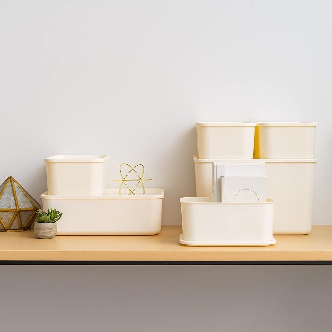 IRIS USA Storage Bins with Lids |Made in USA| Combo (S/M/L) - Off White | Modern Basket Container Boxes for Bedroom, Living Room, Kitchen, Bathroom & Closet Organization