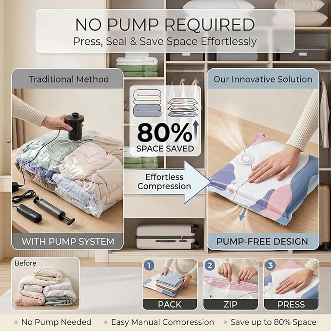 No‑pump Vacuum Storage Bags, Cube Compression Space Saver Bags, 3-Sec Fast Compression, No Pump Needed For Dorm And Home Organizing & Packing (4Pcs/M:19.7 × 27.6 × 11.8 in)