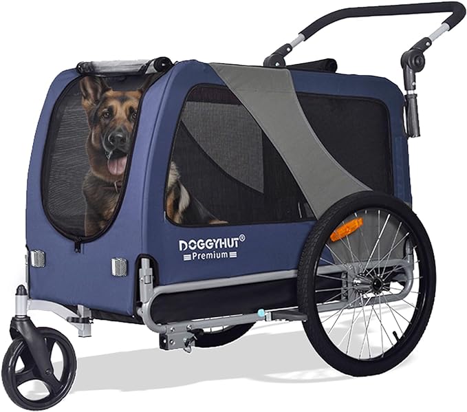 DOGGYHUT® Premium X Large Pet Bike Trailer & Stroller Up to 100 lbs (Blue) | Bicycle Trailer for Small Medium or Large Dogs, Dog Bicycle Carrier, Low Center of Gravity, Folding Frame Cart