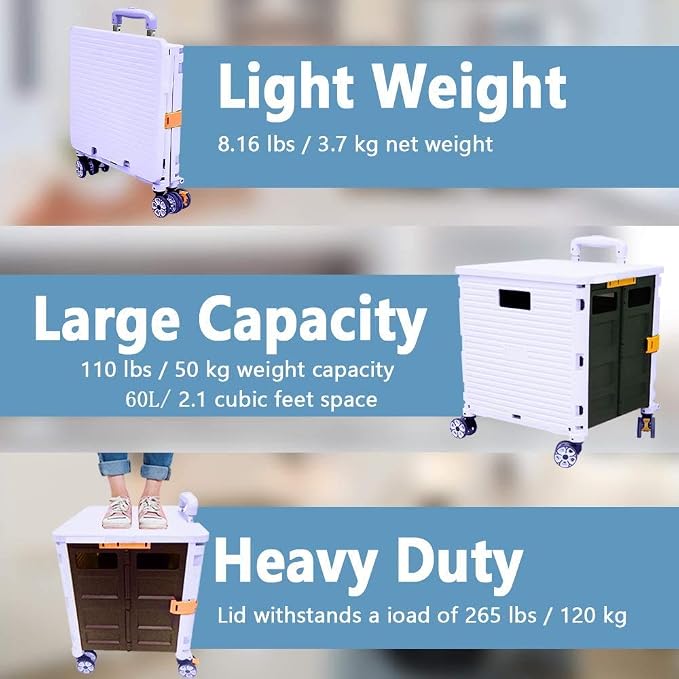 Quick Utility Cart Folding Portable Rolling Crate Handcart with Durable Heavy Duty Plastic Telescoping Handle Collapsible 4 Rotate Wheels for Travel Shopping Moving Luggage Office Use (Purple)