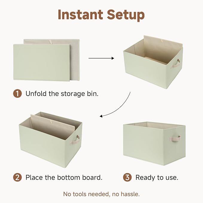 StorageWorks Closet Storage Bins, Light Green, Large, 3-Pack | Storage Baskets for Shelves, Closet Organizers and Storage Basket, Fabric Clothes Organizer with Leather Handles