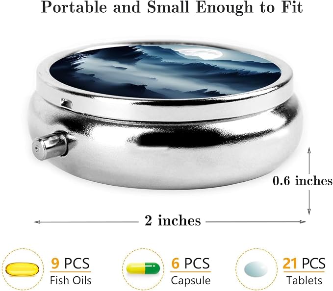 Pill Box, Small Pill Organizer with 3 Compartments and Mirror, Cute Round Portable Travel Metal Pill Case for Pocket or Purse, Privacy-Protecting Medicine Box-Moutain Moon Blue Black