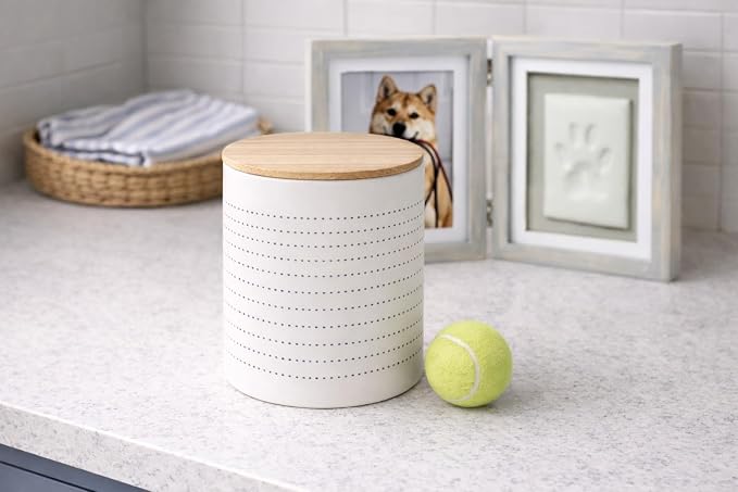 Pearhead Blue Dots Ceramic Dog Treat Jar with Airtight Wooden Lid | 4 Cup / 32 oz, Cute Pet Treat Canister Keeps Dog Snacks Fresh – Durable, Easy-to-Clean Design, Kitchen Counter Décor