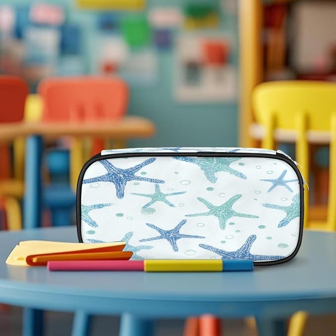 Teal Blue Starfish Pattern Pencil Case Pouch, Big Capacity Waterproof Pen Bag for Students Teens Adults, Large Storage Organizer for Stationery