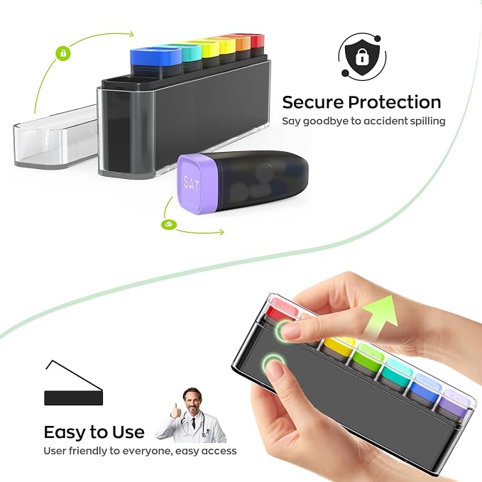 HIONXMGA Weekly Pill Organizer, Detachable 7-Color Pill Box, Easy Tracking | Portable Travel Pill Case Container for Daily Vitamin Supplement Fish Oil, Silicone-Seal, Lasting Labels, Quick Fill (Black)