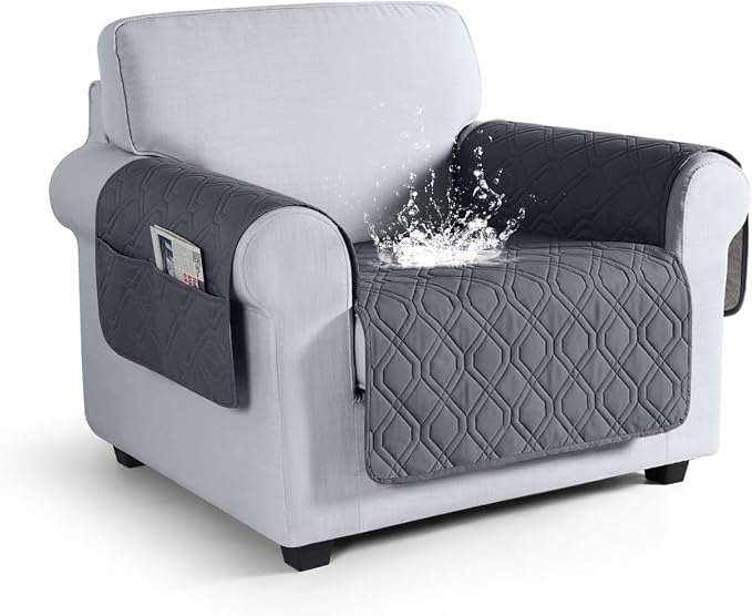 VANSOFY Waterproof Chair Seat Cover for Pets, Dark Gray, 22" | Non-Slip, Washable, Utility Pockets, Pet Friendly, Furniture Protector Slipcover for 1 Seater Couch
