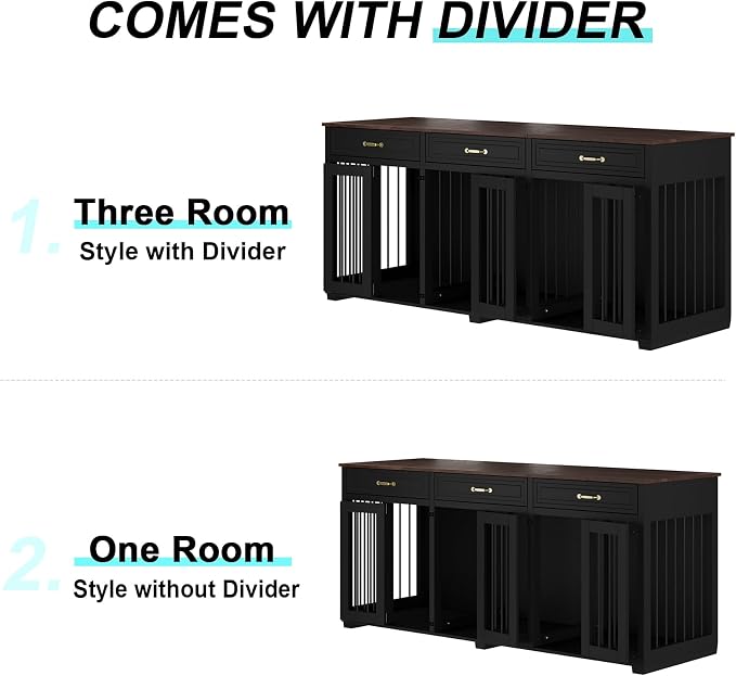 Dog Crate Furniture - Indoor Wooden Dog Kennel Crate Furniture with 2 Dividers, 3 Drawers, and 3 Lockable Doors, 72"x23.6"x31.5"H, Black