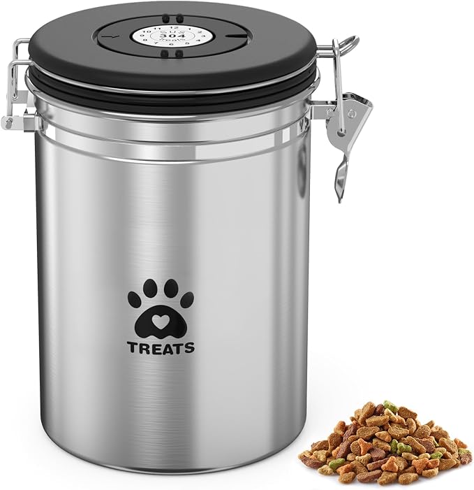 ENONCI Airtight Dog Treat Canister, 304 Stainless Steel Food Storage Jar with Date Dial Silver-2.8L