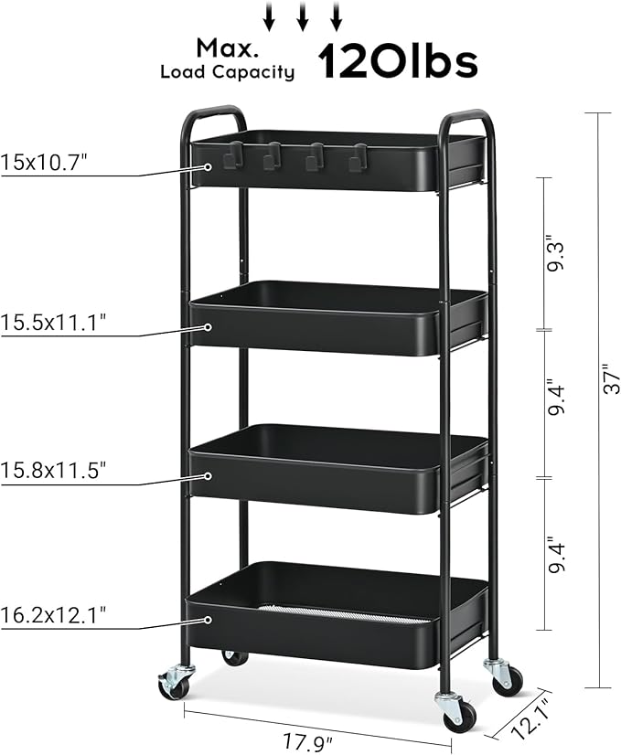 TOOLF 4 Tier Metal Rolling Cart, Utility Storage Cart with Wheels, Black | Screwless Assembly, Lockable Metal Wheels, Trolley Organizer for Bathroom, Kitchen, Office, Dorm, Laundry, Craft Room