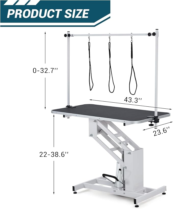 43.3" Hydraulic Pet Grooming Table, Heavy Duty Hydraulic Grooming Table Max Load 350Lbs, Professional Hydraulic Dog Grooming Table with 3 Adjsutable Nooses &, Overhead, Adjustable Height Range 22 in -