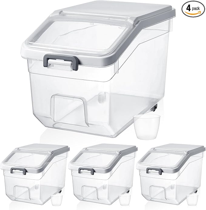 Sunnyray 4 Pcs Rice Storage Container 22 lb Airtight Flour Container with Wheels Measuring Cup Clear Pet Food Cube Dog Cat Birds Food Bin Grain Cereal Organizer Box for Dry Baking Supplies(White Lid)