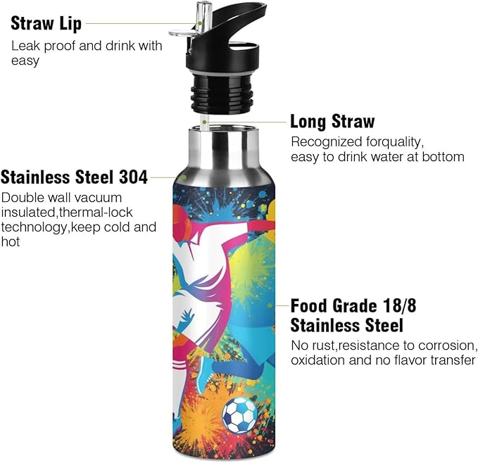 Soccer Ball Player Water Bottle with Straw Lid Kids Insulated Stainless Steel Water Flask Sports, 20 Oz Hot Cold