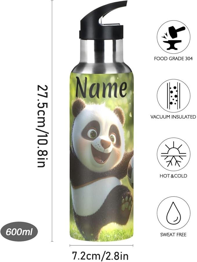 Custom Name Panda Playing Football Water Bottle with Straw Lid Kids Insulated Stainless Steel Water Flask Sports, 20 Oz Hot Cold