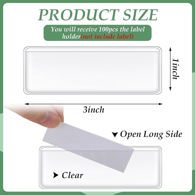 100 Pcs Label Holder Self Adhesive Clear Pocket Bulk 3x1 Inch | Plastic Sticking Shelf Tag for Shelf, Cabinet, Storage Bin Organization, Easy Peel Stick, PVC, Waterproof and Reliable