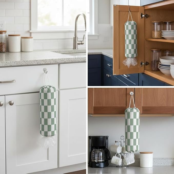 Plastic Bag Holder, Wall Mount Plastic Bag Organizer Dispenser Reusable Grocery Bag Organizer for Home Kitchen(Green Checkered)