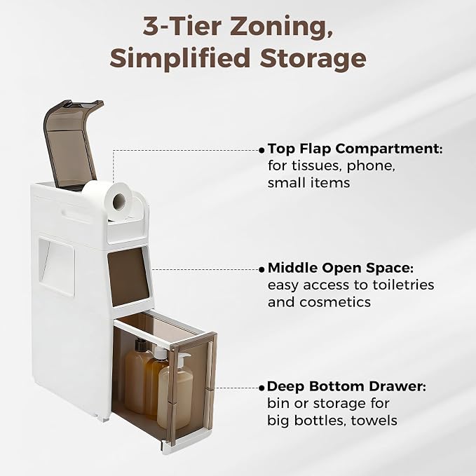 Slim Bathroom Storage Cabinet with Trash Can, Narrow Movable Waterproof Bathroom Floor Cabinet with Toilet Paper Holder for Bathrooms Toilet (15.1 * 6.9 * 25.2in)
