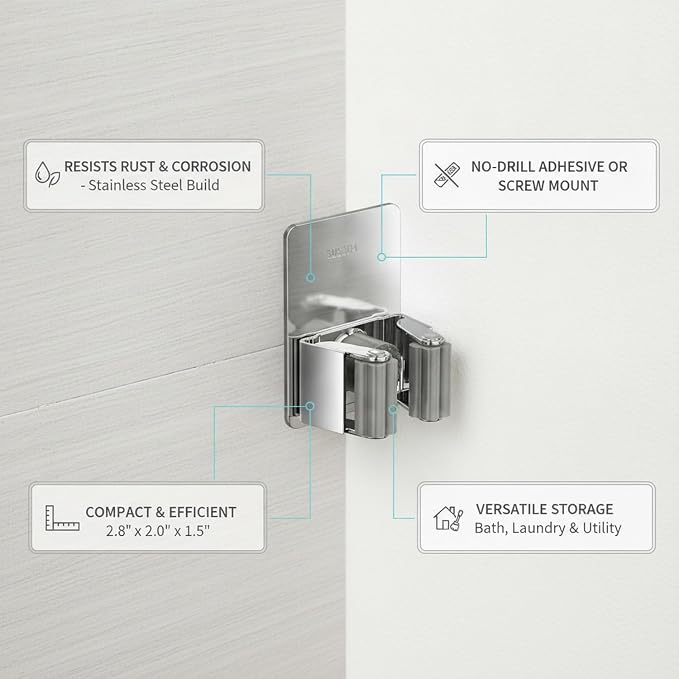 Stainless Steel Mop and Broom Holder Wall Mount, No-Drill Adhesive or Screw-In Hook for Bathroom, Laundry, Garage Organization (1 Pack)