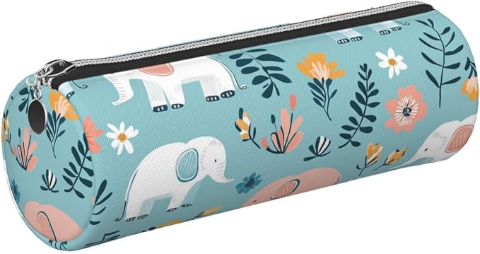 OSAM SPACE Leather Pencil Case Round Pencil Bag Elephants Flowers Leaves Pen Organizer Holder Portable Zipper Pouch Cute School Supplies for Girls Boys Study Office