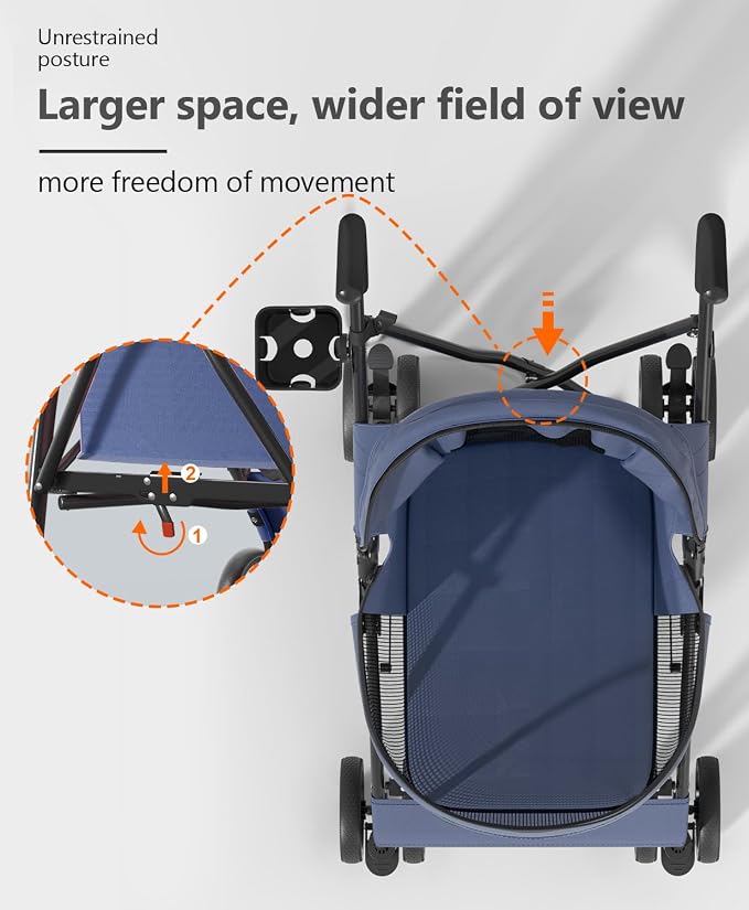OS MOTOR 4 Wheels Pet Stroller for Small Medium Pets, Navy Blue | Foldable Carrier Jogger, Rear Wheel Breaks, Storage Basket, Visible Mesh Weather Cover, Portable, Dog, Cat, Puppy, Kitty