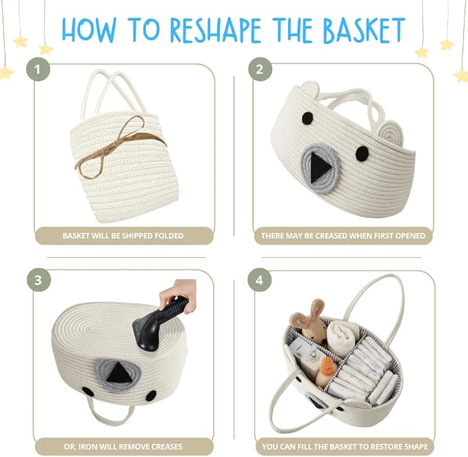 DECOMOMO Teddy Bear Basket, Large Diaper Caddy Basket | Baby Baskets for Baby Shower (Animal)