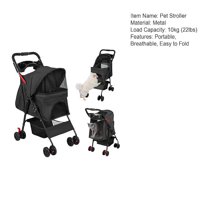 4 Wheel Pet Stroller for Small Medium Dogs, Foldable Cat Carriage with Breathable Mesh Windows, Cup Holder and Storage Basket, Portable Animal Strolling Cart Holds up to 22lbs Black