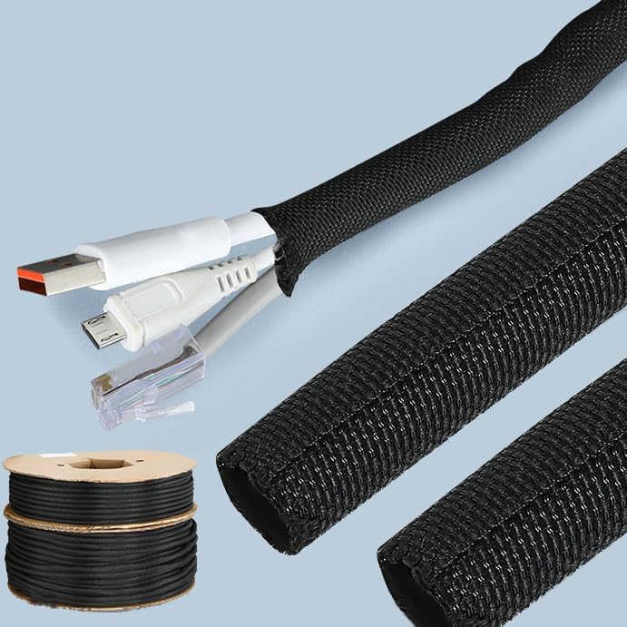 1/2" Split Braided Cable Sleeve 10ft - Cord Protector for Computer Desk, Gaming Setup, TV Wires - Flexible Wire Loom Organizer (Black)