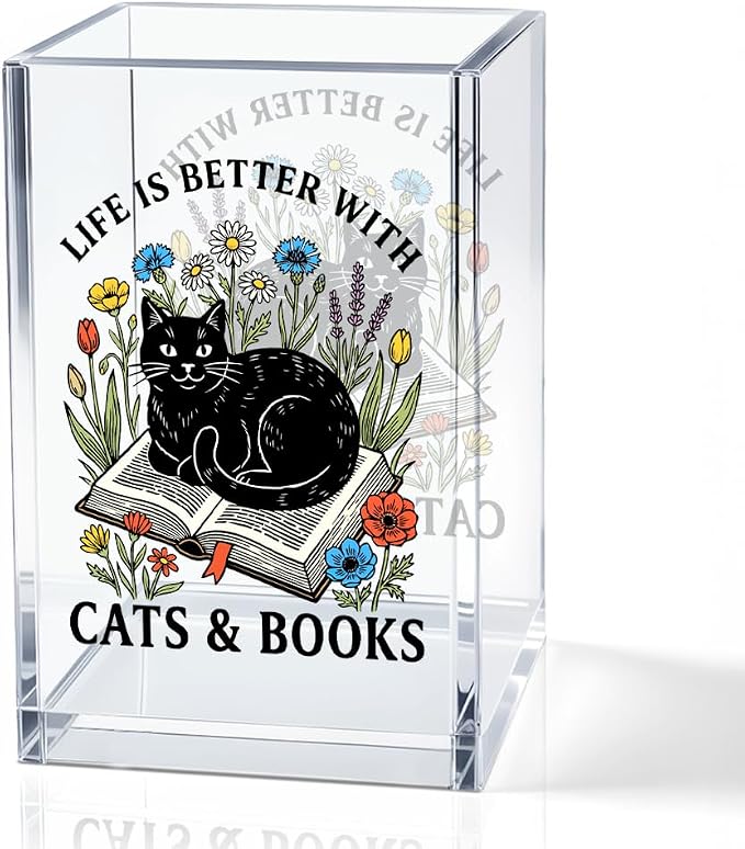 Life Is Better With Cats & Books Acrylic Pencil Holder Cup for Women | Funny Floral Cat Books Desk Organizer for Book Lover Bookish Bookworm Reader, Pet Lover Gifts for Mom Sister BFF, Pencil Cup