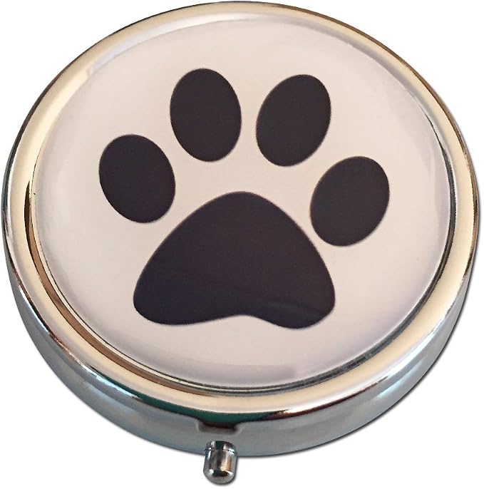 Paw Print Silver Pill Box – Round 3-Compartment Metal Pill Organizer, Compact 2-Inch Travel Pill Case for Purse or Pocket