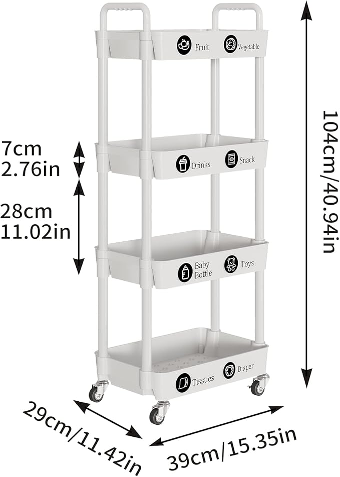 Laiensia 4-Tier Storage Carts,Multifunction Utility Rolling Cart Kitchen Storage Organizer,Mobile Shelving Unit Cart with Lockable Wheels for Bathroom,Laundry,Living Room,With Classified Sticker,White