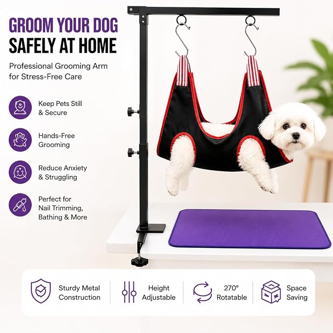 Adjustable Dog Grooming Arm & No-Sit Holder, Height 26"-40 | Adjustable Pet Grooming Arm for Small to Large Dogs, with Grooming Loop, Hammock & No-Sit Haunch Holder