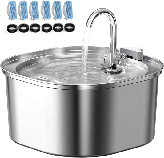 PEKTACO Cat Water Fountain, 3.2L/108oz Stainless Steel Pet Water Fountain for Cats Indoor, Dog Drinking Dispenser Metal Kitty Spout with 6 Filters+ 6 Sponges