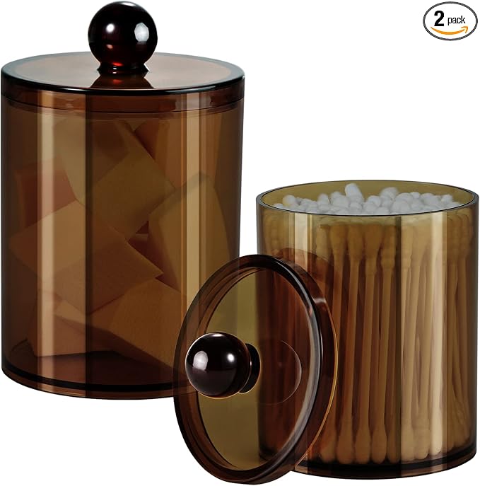 SheeChung 2 Pack Amber Qtip Holder,Acrylic Apothecary Jars with Lids | 10oz Qtip Dispenser Bathroom Set,Clear Plastic Vanity Storage Canisters for Cotton Swabs,Balls,Pads