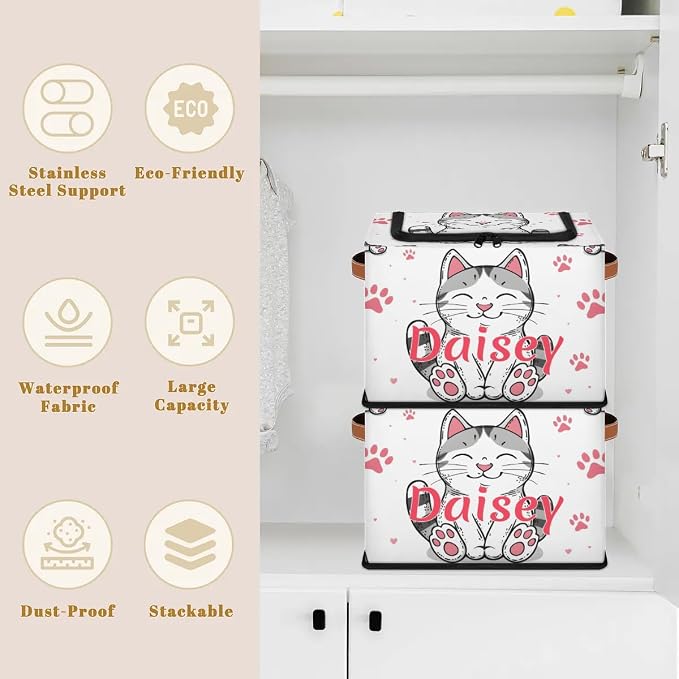 Custom Cute Cats Footprint Storage-Bin With Zipper Lid for Kids-Girls-Boys-Baby-Pet,Personalized Name Foldable Storage Box with Handle,Baby Basket With Label for Bedroom Nursery Toy Clothes,White