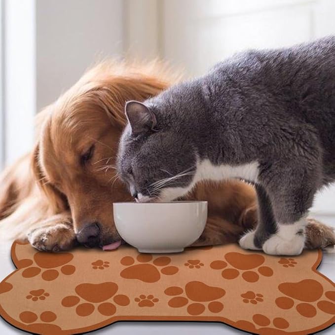 Dog Food Mats for Floors Waterproof, Pet Feeding Absorbent Water Bowl Mat Cat Placemats Brown Bone Shape 23.6 * 15.7 inch