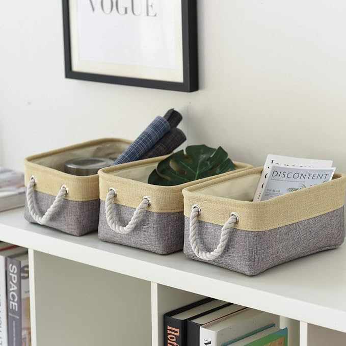 Storage Bins for Organizing,Sturdy Storage Basket, Decorative Foldable Storage Baskets for Shelves Closet Toy (Gold&Grey Medium - 3 Pack 13.8L×9.8W×6.7H inch)