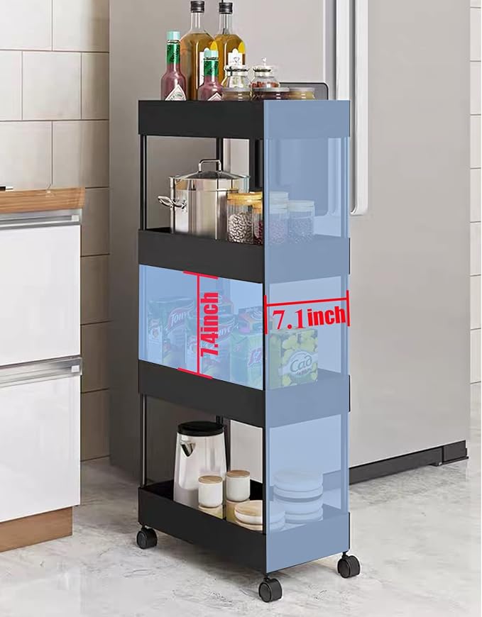 4 Tier Slim Rolling Utility Kitchen Cart Bathroom Organizer for Narrow Places Multipurpose Storage Shelve Mobile Trolley for Bedroom Laundry Office Restaurant Garage Pantry (Black)