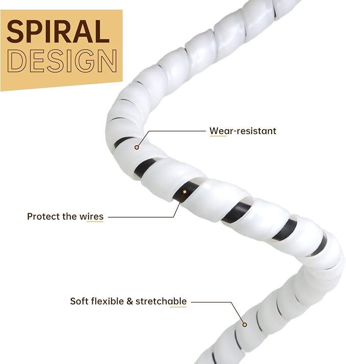 Spiral Cable Wrap, 10ft Cable Sleeves for Cords, Flexible Cable Management Sleeve for Computer, Power, Audio & Video Cords (White, 1/2")