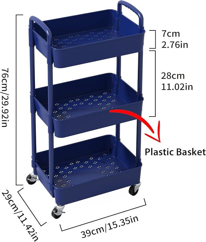 Sywhitta 3-Tier Plastic Rolling Utility Cart with Wheels for Storage,Blue | Multi-Functional Storage Trolley, for Office, Living Room, Kitchen, Bathroom,Movable Organizer,Space-Saving,Easy to assemble