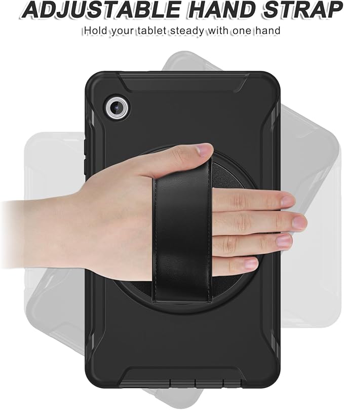 for Samsung Galaxy Tab A11 (2025) 8.7 inch Case 5G with Screen Protector, Hand Strap, Pen Holder & 360° Rotating Stand,Shockproof Protective Cover for SM-X130/X133/X135 (Black)