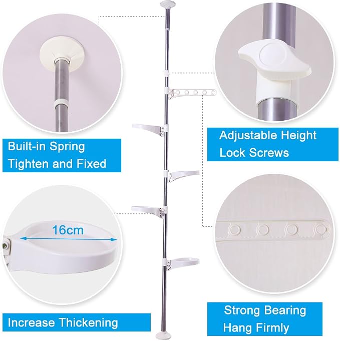 BAOYOUNI 5-Tier Plant Stand Pole Tension Rod Flower Holder Rack, Ivory | Adjustable Stainless Steel Vertical Garden Organizer ,Space-Saving Indoor Plant Display ，No-Drill 4 Trays&1 Hook