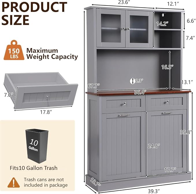 68.4" Kitchen Pantry Storage Cabinet, Freestanding Cupboard with Shelf, 2 Drawers and 2 Tilt Out Trash Cabinet, Tall Cabinets for Kitchen, Dinning Room, Living Room (Elegant Grey, Double Tilt)