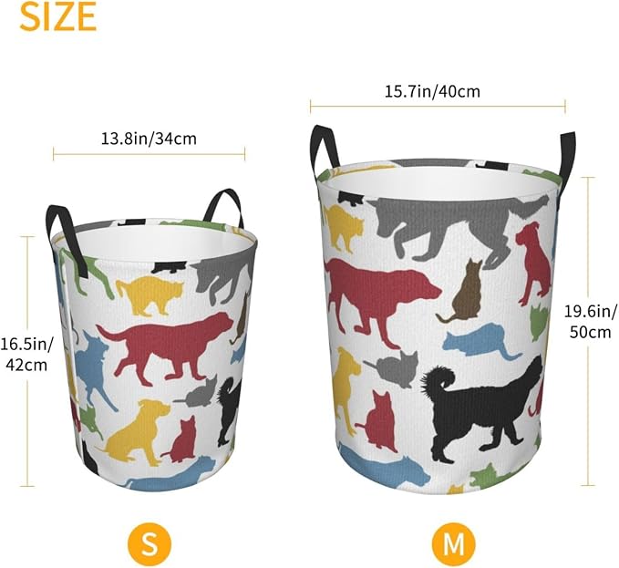 Cats And Dogs Animal Silhouettes Domestic Pets Cartoon Portable Round Hamper For Bedroom Bathroom