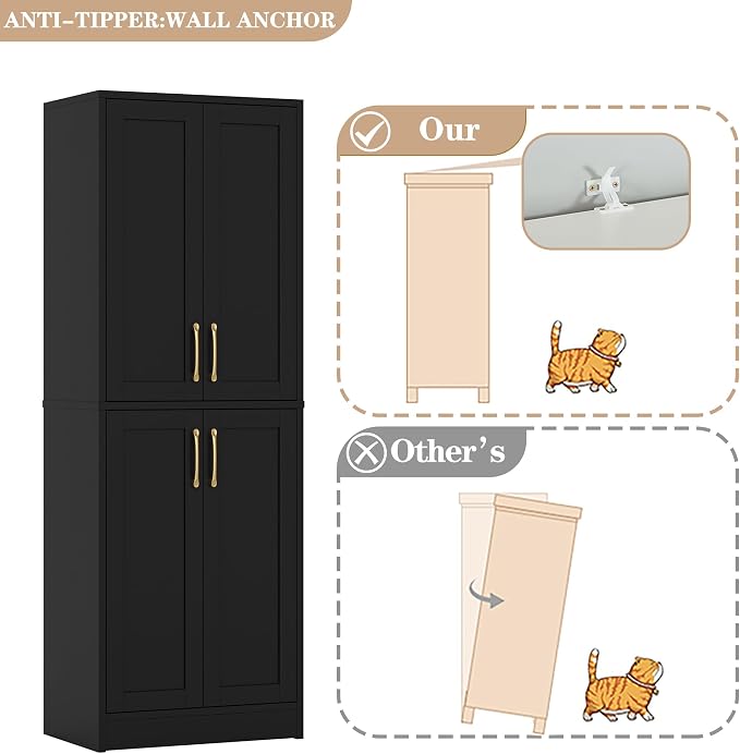 Pantry - Kitchen Pantry Cabinet with 4 Doors and Adjustable Shelves, Tall Black Cabinet Freestanding Storage Cupboard for Dining Room Living Room, Laundry, Bathroom (Black)