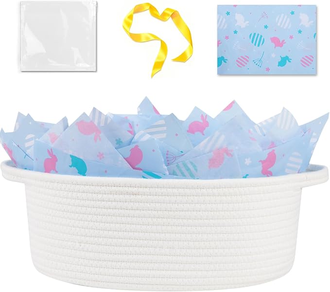 OIAHOMY Gift Basket with Handle, 13.4"x 10"x 5.5" Easter Basket with Gift Bag, Ribbon and Wrap Tissue Paper, Nursery Bins Empty to Fill with Towels, Baby, Pet Toy Organizer - Easter White