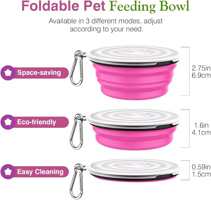 Pawaboo Collapsible Travel Dog Bowls 2 Pack with Lids&Carabiners Silicone | Feeding Watering Bowls for Dogs Cats, Collapsable Water Feeder Food Bowl for Walking Traveling Home Use, Pink + Green