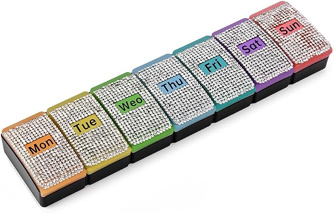 Diamond Weekly Pill Organizer Arthritis Friendly, BPA Free Travel 7 Day Pill Box Case and Large Compartment to Hold Vitamins, Cod Liver Oil, Supplements and Medication (Black)