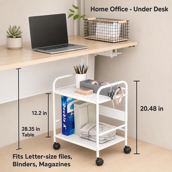 2-Tier Metal Rolling Cart, Compact Under Desk Storage Organizer | 12.2" clearance fits binders and tall bottles, compact mobile shelf with anti-drop guard for home & office. White.