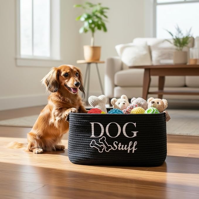 Morezi D og toy basket storage large bin pet puppy toy box in cotton rope perfect for organizing pet toys blankets leashes clothing doggie stuff - Black