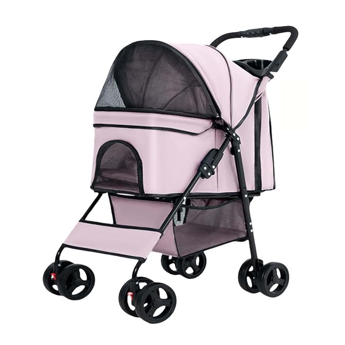 Folding Dog Carrier, 4 Wheels Pet Carrier for Small/Medium Dogs and Cats,with Multifunctional Cup Holder and Storage Basket,Portable Cat Carrier or Dog Crate for Travel Gear,Large Space (Pink)